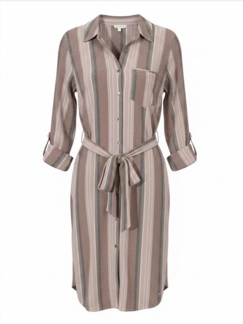 Mystree Striped Button-Front Shirt Dress with Tie Belt - Taupe Stripe